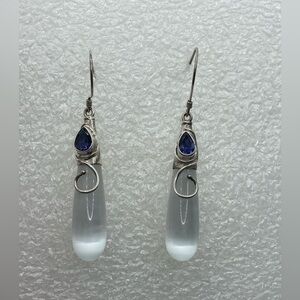 Vtg Sajen Sterling Amethyst Cat Cats Eye Quartz Tear Drop Dangle Earrings 2.2”